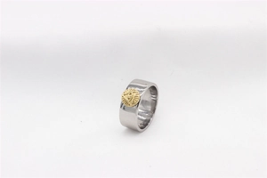 Macro detail of silver and gold Masonic all-seeing eye pyramid on wide steel ring