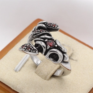 Vintage scorpion style silver titanium steel ring with red gemstones for men