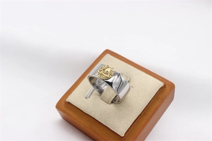 Macro shot of silver titanium steel ring with gold All-Seeing Eye relief symbol