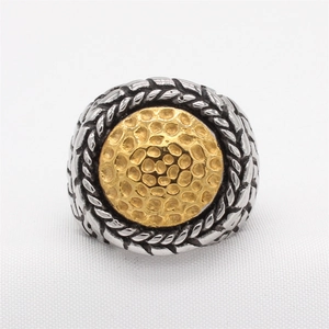 Retro titanium steel ring with rope edge and hammered gold center for men