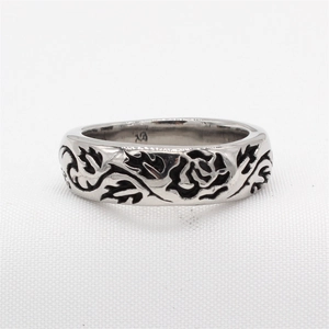 Vintage stainless steel rose flower ring with antique silver finish for men
