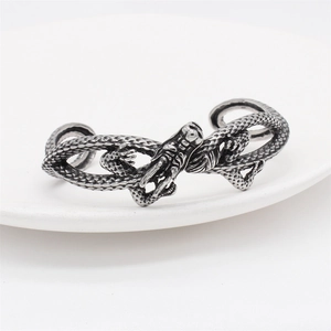 Vintage retro dragon cuff bracelet in silver finish with detailed scale carving for men