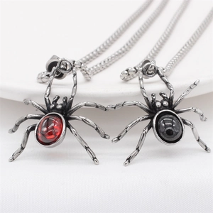 Vintage spider pendant necklace with red and black gems for men, punk gothic style jewelry
