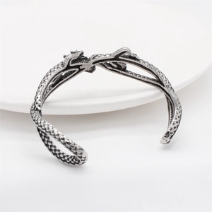 Vintage dragon open cuff bracelet in retro silver finish with detailed scale texture