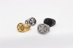 Cross relief signet rings for men in gold, silver, grey and black stainless steel