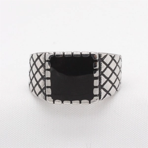 Vintage silver steel ring for men featuring a large square black drip oil center stone