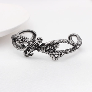 Retro dragon relief open cuff bracelet in oxidized silver titanium steel for men