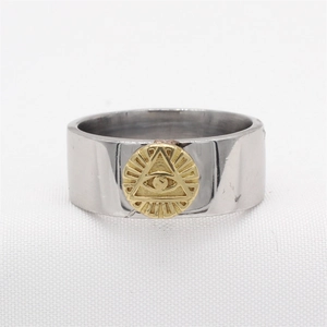 Retro stainless steel Masonic All-Seeing Eye ring for men with gold emblem detail