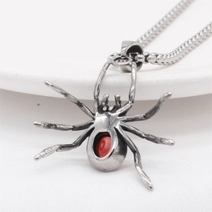 Vintage silver spider pendant necklace for men with round red gemstone and box chain