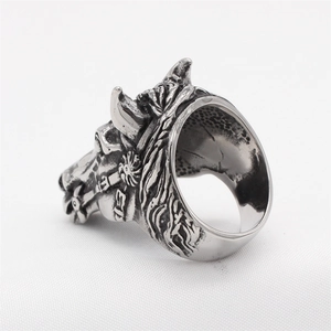Vintage stainless steel white horse ring for men with detailed engraving on white background