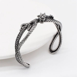 Retro dragon cuff bracelet in vintage silver stainless steel with detailed scale textures
