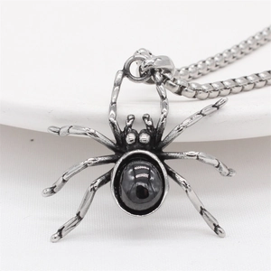 Gothic spider pendant necklace with black gemstone and vintage silver snake chain