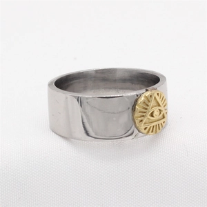 Retro stainless steel wide band ring with golden Masonic All-Seeing Eye symbol