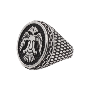 Retro double-headed eagle ring for men in vintage stainless steel with textured band
