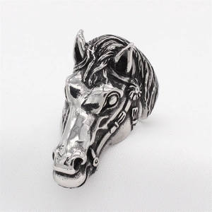 Vintage horse head stainless steel ring for men with a retro silver oxidized finish