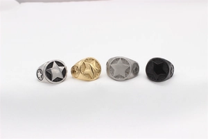 Detailed view of punk star relief rings in vintage silver, gold, and black steel finishes