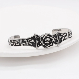 Punk vintage stainless steel skull and rose bangle with carved geometric wings for men