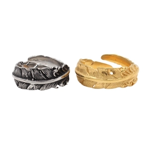 Retro feather-shaped open rings in gold and antique silver finish for men