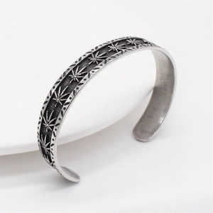 Vintage oxidized silver maple leaf engraved stainless steel cuff bracelet for men