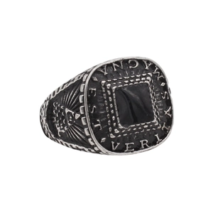 Vintage titanium steel signet ring for men with black enamel and Magna Est Veritas text