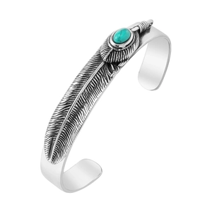 Men's Vintage Titanium Steel Feather Cuff Bracelet With Artificial Turquoise Inlay Ethnic Adjustable Indian Bangle
