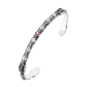 Vintage Men Titanium Steel Crown Cuff Bracelet Antique Silver Retro Geometric Pattern Red Rhinestone Inlaid Punk Bangle Jewelry