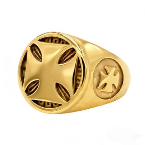 Vintage gold men's cross ring in polished titanium steel with embossed religious details