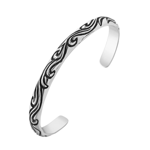 Vintage Stainless Steel Engraved Wave Pattern Open Cuff Bracelet For Men Women Punk Gothic Style Retro Jewelry Adjustable Bracelet Gift