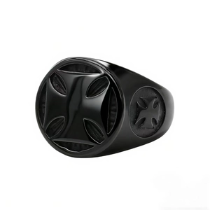 Men's retro black titanium steel ring featuring Maltese Cross relief in gothic biker style