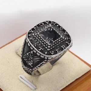 Vintage men's titanium steel signet ring with black stone and Latin text engraving