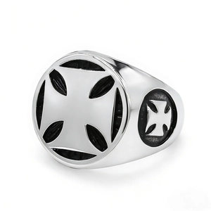Vintage stainless steel cross ring for men with polished silver finish and black inlay