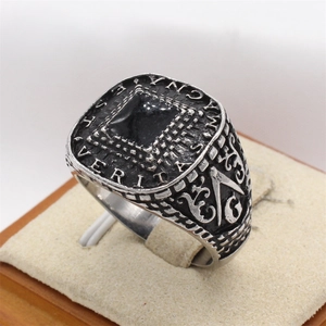 Vintage silver mens titanium steel signet ring with black stone and Masonic symbols