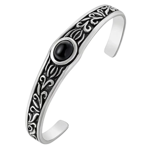 Vintage Titanium Steel Cuff Bracelet For Men Retro Oxidized Tribal Scroll Pattern Inlaid Red Black Rhinestone Jewelry