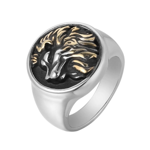 Retro Lion Head Relief Ring For Men Titanium Stainless Steel Punk Animal Embossed Signet Ring Gold Silver Two Tone Jewelry