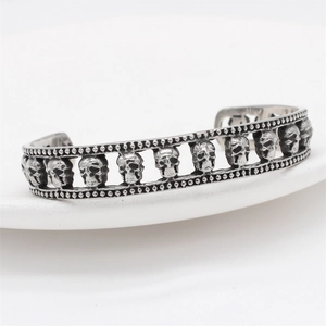 Retro punk skull relief cuff bracelet in vintage silver stainless steel finish