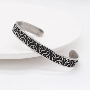Vintage Viking Celtic knot bangle in antique silver finish for men, stainless steel open cuff