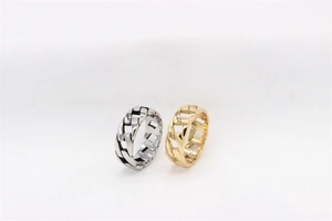 Detail of Cuban link chain rings in silver and gold steel finishes for men