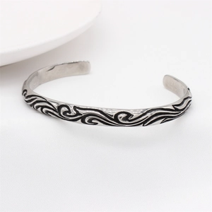 Vintage silver titanium steel open cuff bracelet with black wave flame patterns for men