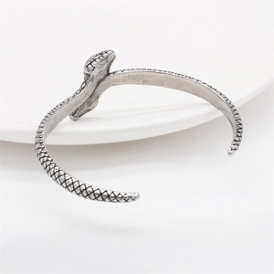 Retro snake-shaped titanium steel open bangle with detailed scale texture for men