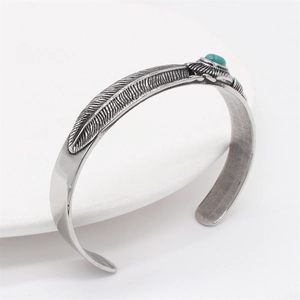 Vintage stainless steel feather cuff bracelet with turquoise stone inlay for men