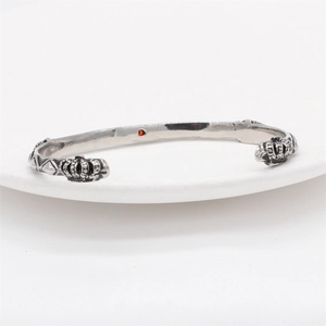 Retro silver crown cuff bangle in stainless steel with geometric carvings and red gemstone