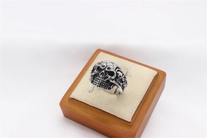 Detail view of gothic retro skull ring in antique silver finish on a display stand