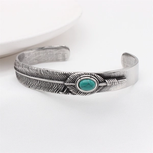 Retro feather titanium steel bangle for men with turquoise stone in vintage silver finish