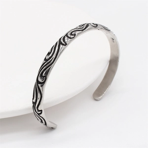 Vintage matte silver titanium steel cuff bracelet with embossed wave pattern for men