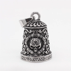 Retro vintage bell pendant necklace featuring skull relief and punk chain engraving