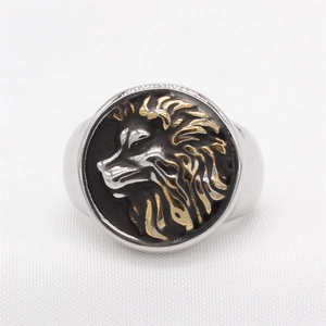 Retro lion head embossed signet ring for men in silver and gold tone steel