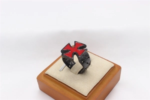 Detailed close-up of retro stainless steel men's ring featuring a red cross pattern