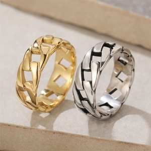Men's Retro Stainless Steel Cuban Link Chain Ring Personalized Hollow Out High Polish Hip Hop Gold Silver Finger Ring Jewelry