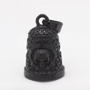 Gothic bell pendant in matte black stainless steel featuring a skull and scroll relief