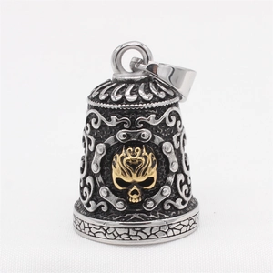 Vintage gothic stainless steel bell pendant necklace featuring a golden skull design